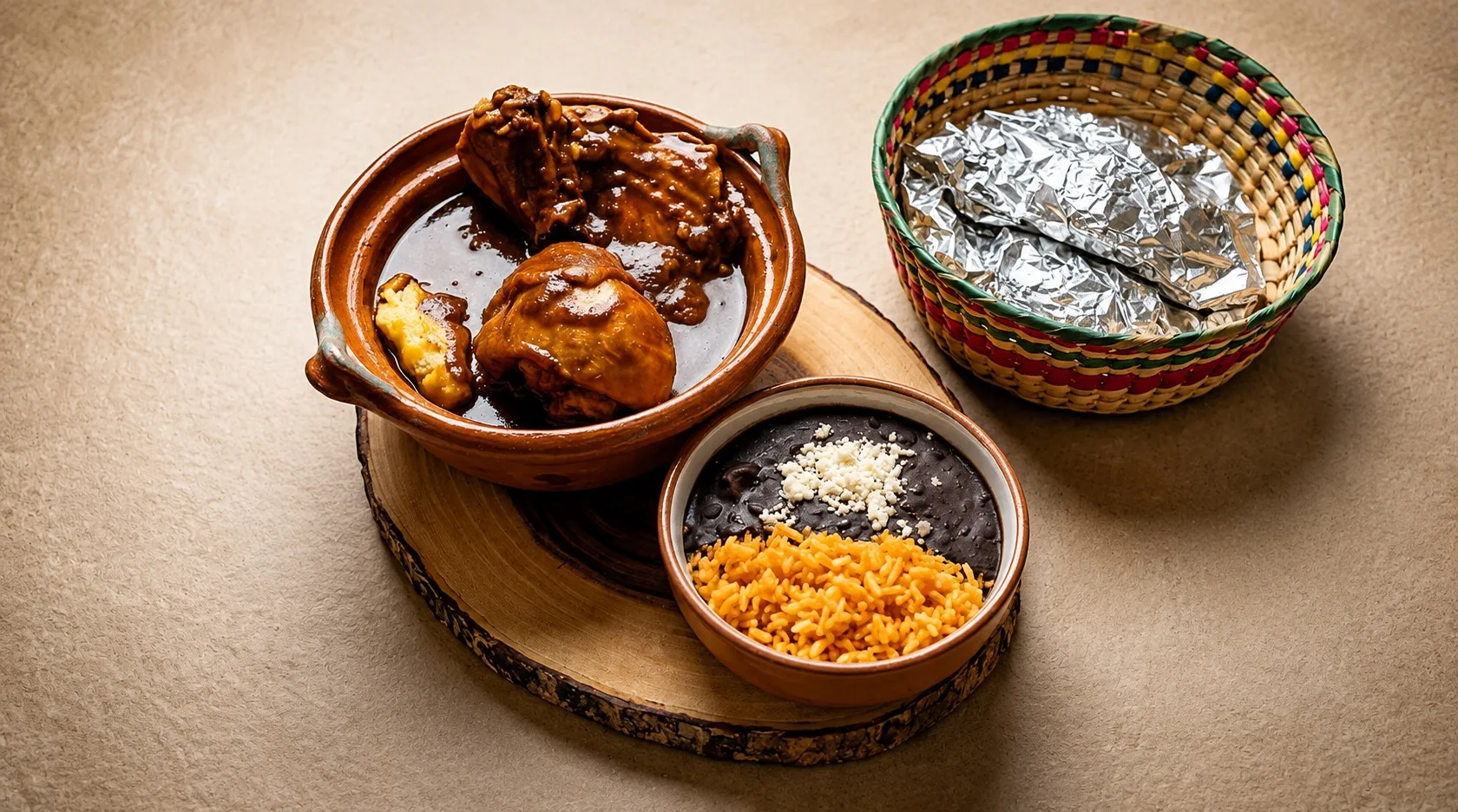 Chicken mole served with rice, beans and tortillas