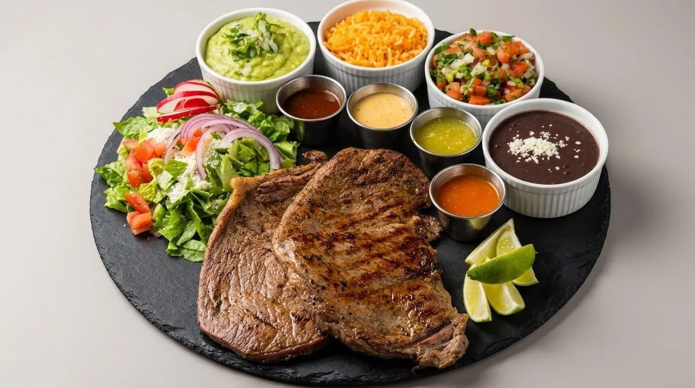 Carne asada platter with rice, beans, guacamole and salsas